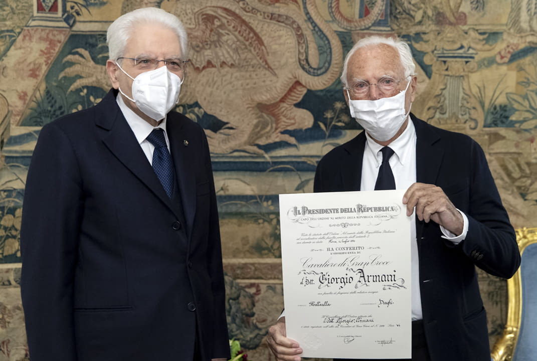 Giorgio Armani is awarded the title of Knight Grand Cross by the President of the Italian Republic Sergio Mattarella