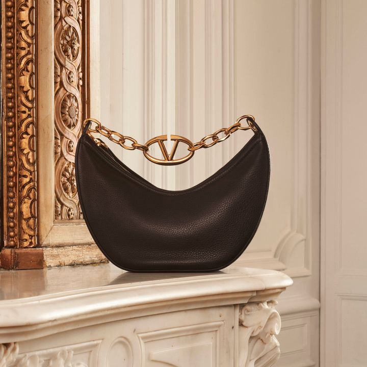Small Vlogo Moon Hobo Bag In Leather With Chain for Woman in