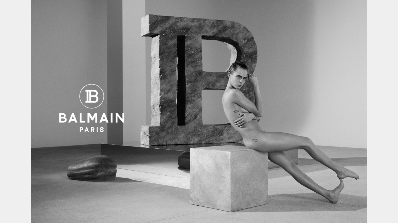 CARA DELEVINGNE POSES WITH OLIVIER ROUSTEING FOR THE BALMAIN SPRING CAMPAIGN illustration 1