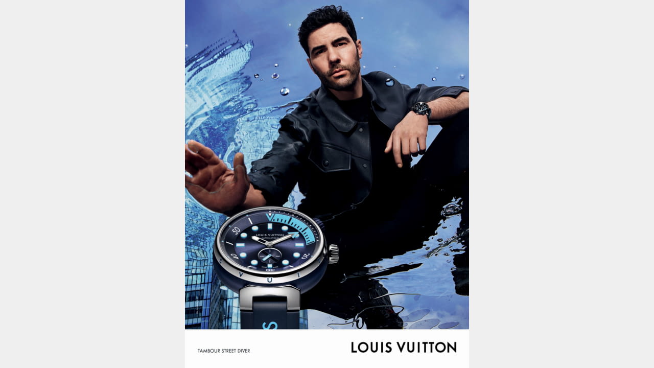 The article: Louis Vuitton presents its latest campaign for the Tambour  Street Diver watch featuring Tahar Rahim, Sophie Turner and Minho Lee