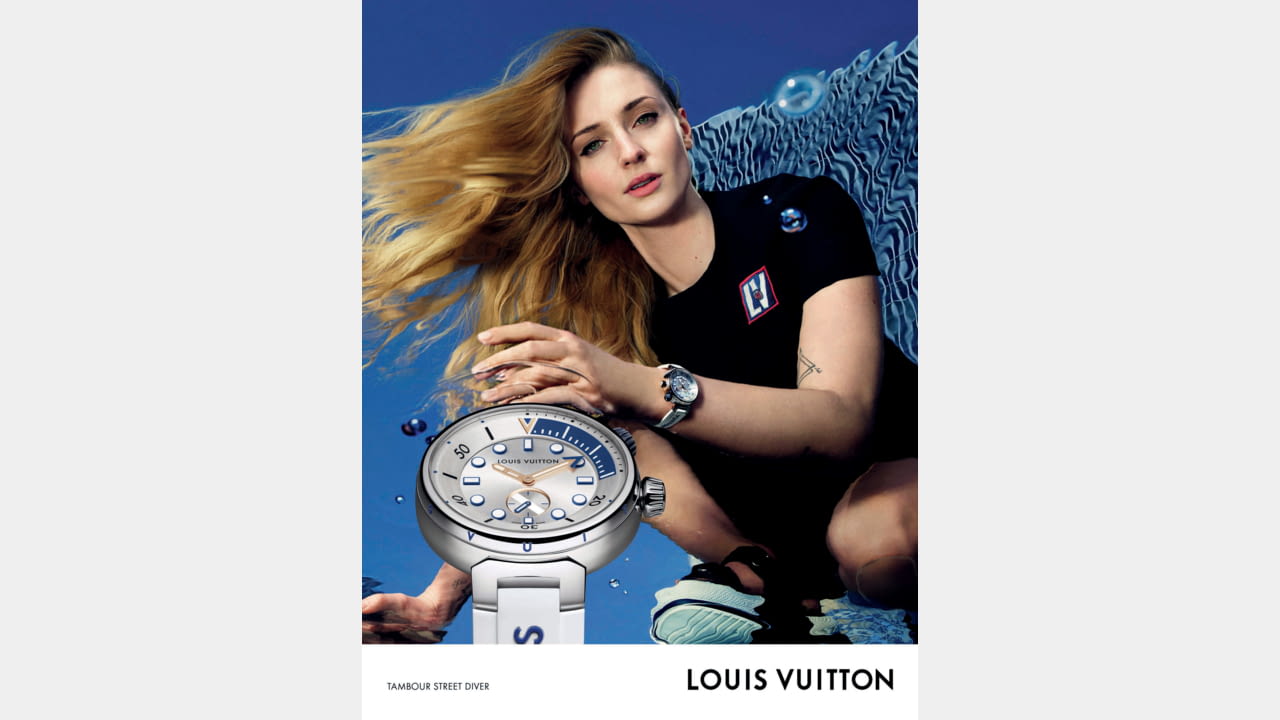 Sophie Turner models Tambour Street Diver for Louis Vuitton