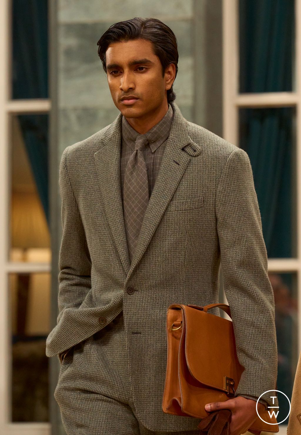 Fashion Week Milan Fall/Winter 2026 look 7 from the Ralph Lauren Purple Label collection menswear accessories