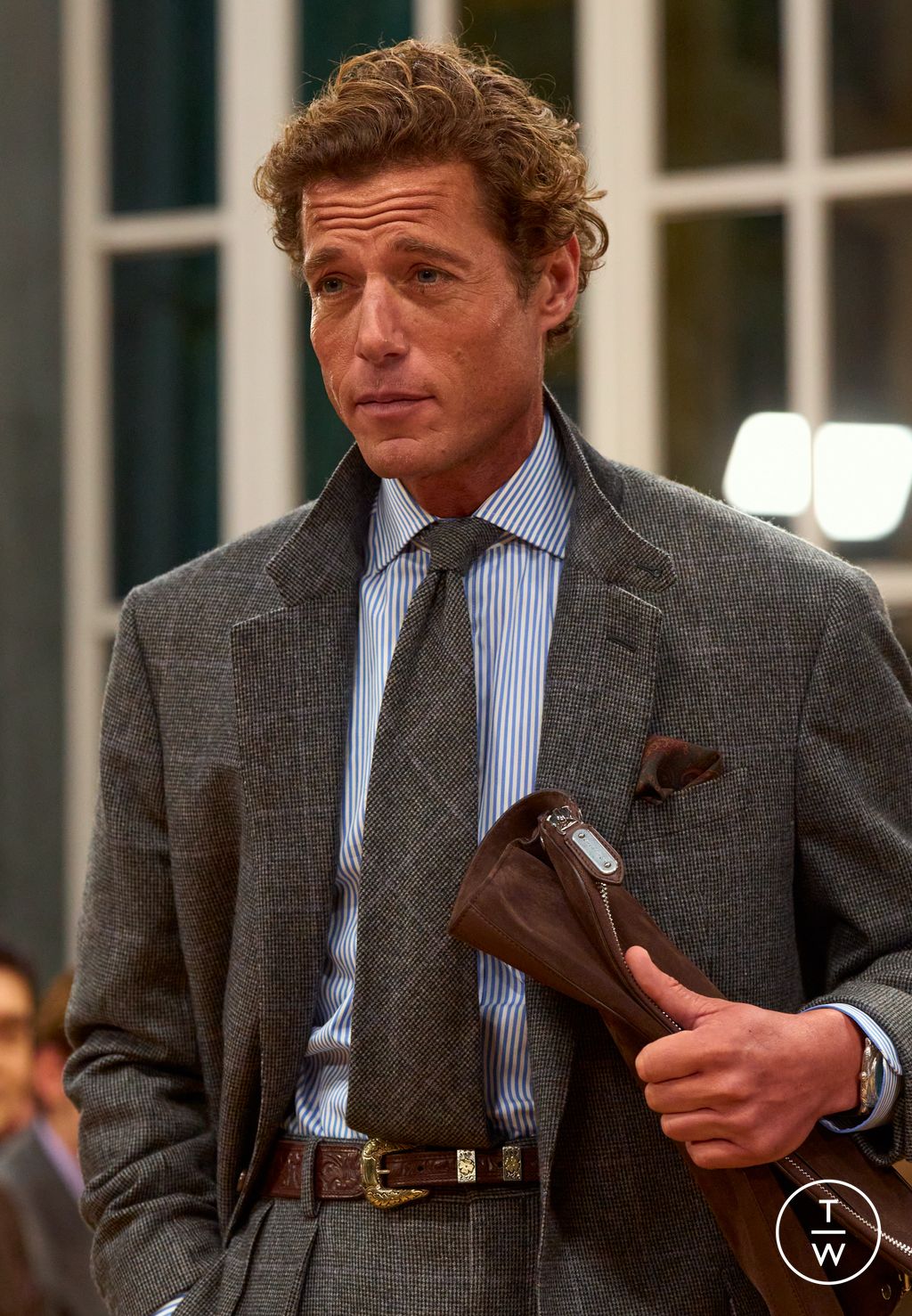 Fashion Week Milan Fall/Winter 2026 look 12 from the Ralph Lauren Purple Label collection menswear accessories