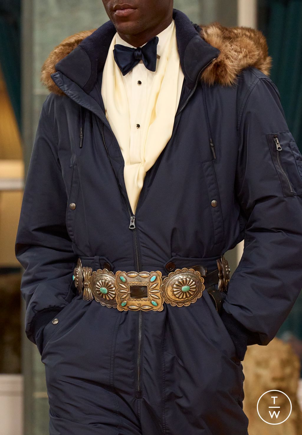 Fashion Week Milan Fall/Winter 2026 look 30 from the Ralph Lauren Purple Label collection menswear accessories