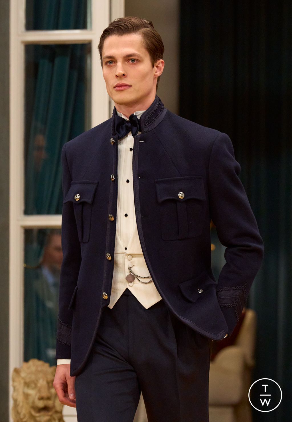 Fashion Week Milan Fall/Winter 2026 look 34 from the Ralph Lauren Purple Label collection menswear accessories