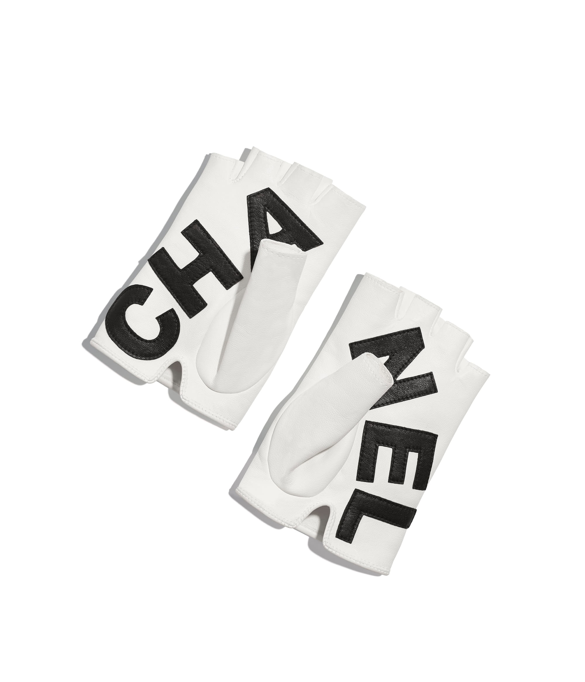 CHANEL Karl Lagerfeld white pearl graphic stripes fingerless gloves US7.5